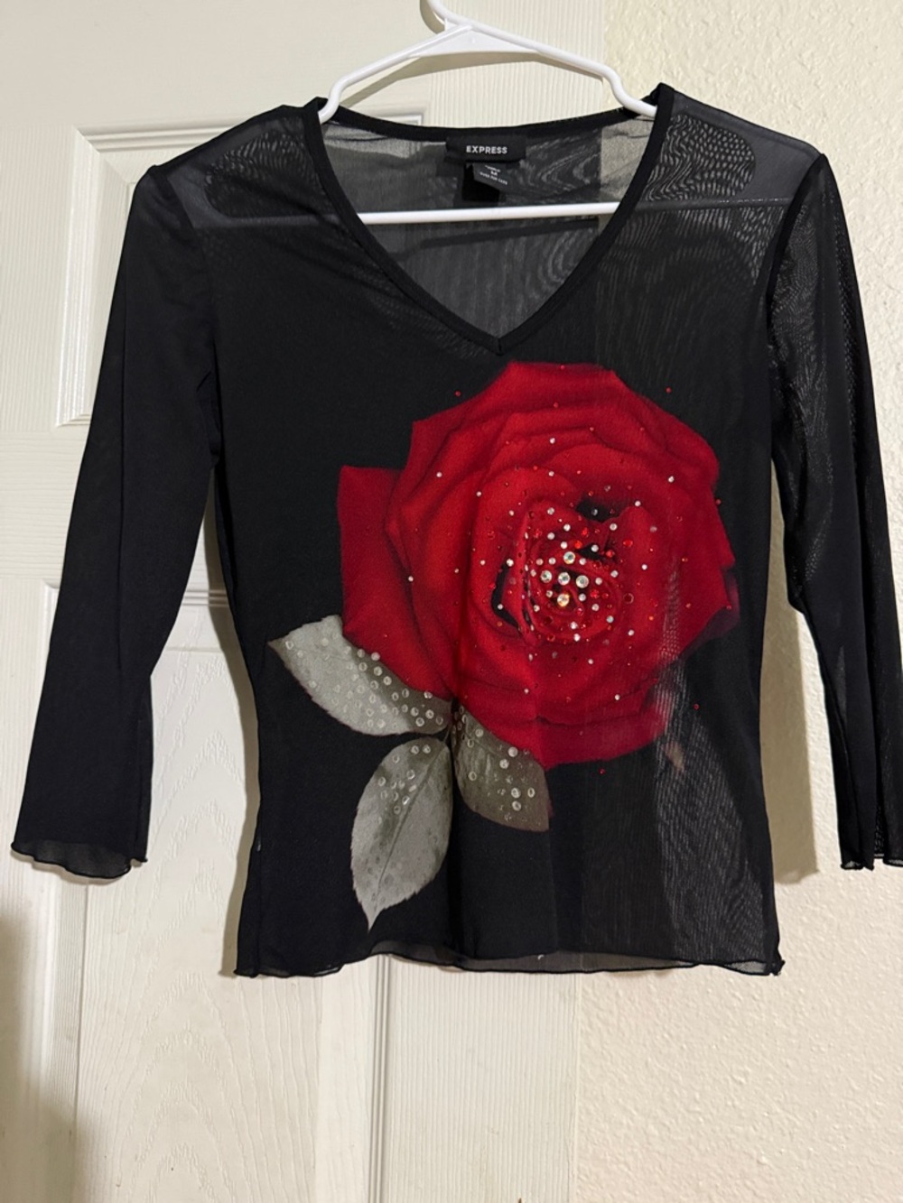 Express Black Mesh Long Sleeve Top with Red Rose and Crystal Detail